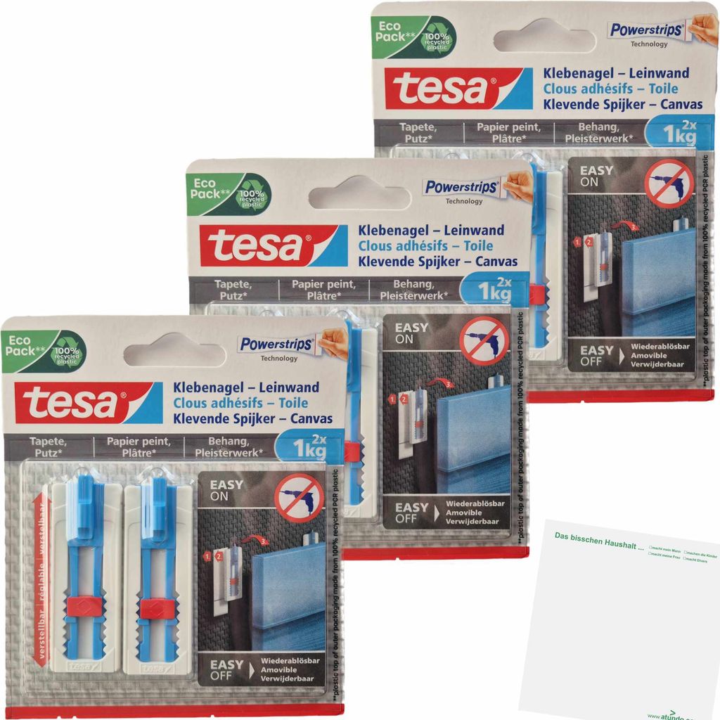 tesa Klebenagel für Leinwand, auf Tapeten & Putz - höhenverstellbar - selbstklebender Nagel, hält bis 1kg 3er Pack + usy Block