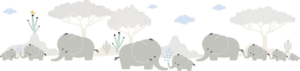 Lovely Kids selbstklebende Kinderzimmer Bordüre Elephant Family grau blau weiß grün gelb 5,00 m x 0,155 m