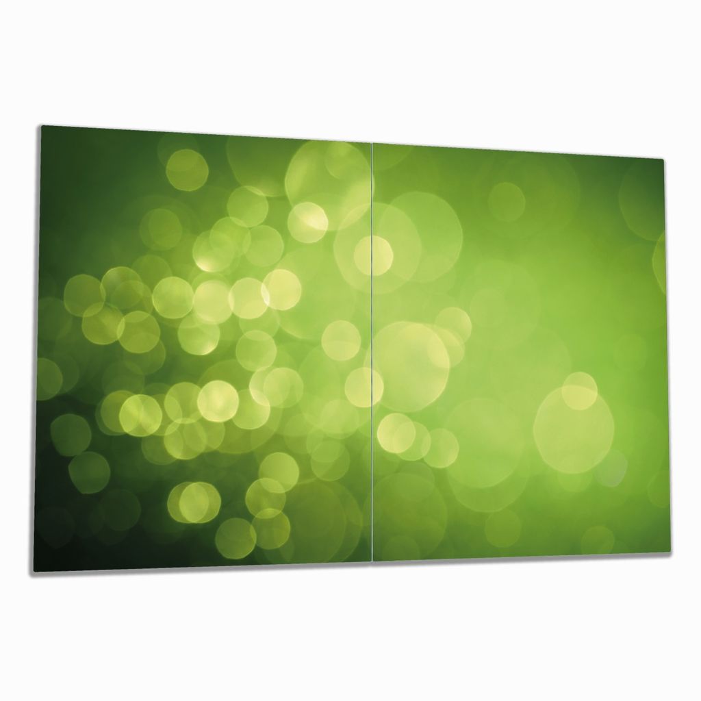 Wallario Herdabdeckplatte aus Glas, Größe 80 x 52 cm 2-teilig, Motiv Abstrakte grüne Kreise grüne Lichtpunkte