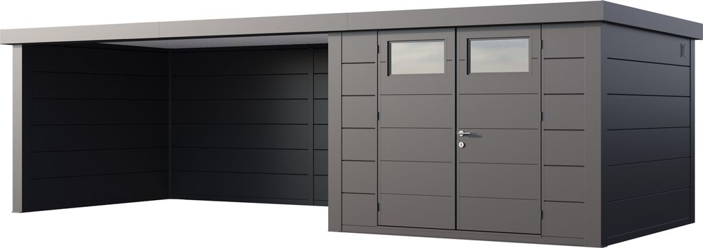 Telluria Metallgerätehaus Classico 3030 mit Lounge Anbau (ca. 450 cm Breite) granitgrau/anthrazit Lounge-Anbau links
