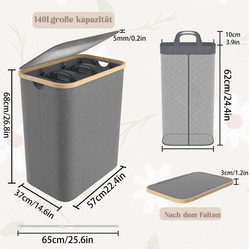 Panier à linge 3 compartiments en tissu gris, Bac de rangement de 140L