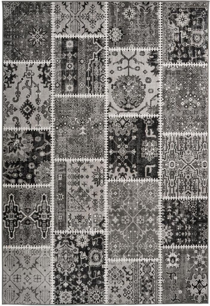 Qiyano Teppich für Wohnzimmer Skandi Patwork Blumenmuster kariert grau, 160 x 230 cm