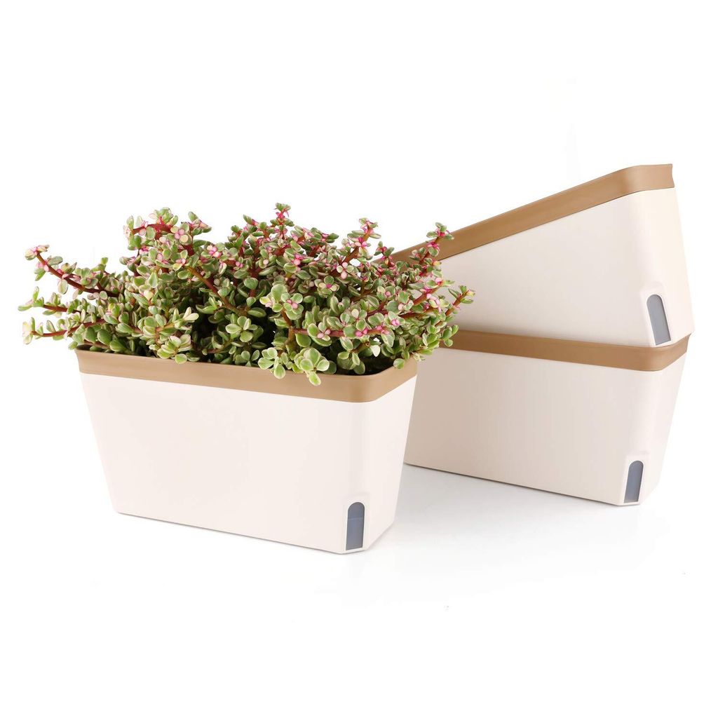 27cm Selbstwässernder Blumenkasten Kräutertopf mit ERD-Bewässerungs-System Braun 3er-Set Kunststoff Blumentopf Pflanzgefäß Rechteck für Küch...