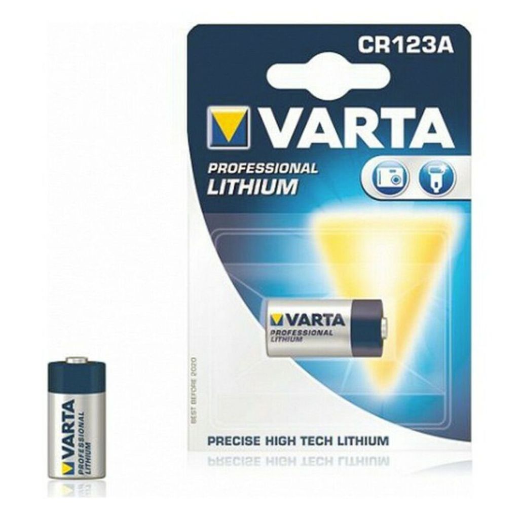 A Varta CR123A Lithium battery is shown in its retail packaging, alongside a single battery.