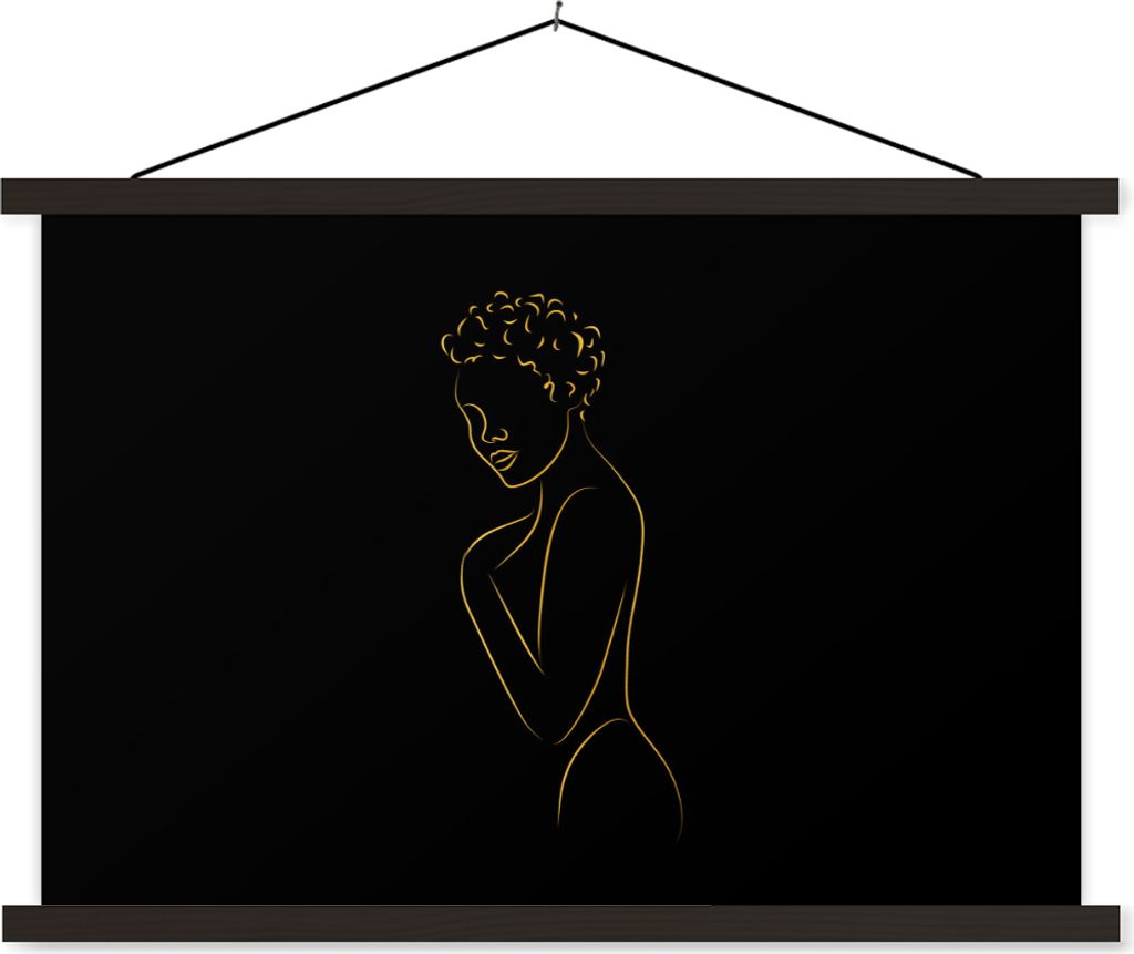 MuchoWow Textilposter Frau - Schwarz - Gold - Strichzeichnung 90x60 cm mit schwarzem Rahmen - Aufhängungssatz