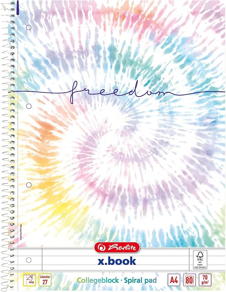 herlitz Collegeblock New Batik "Freedom DIN A4 liniert mit 2 Rändern 80 Blatt