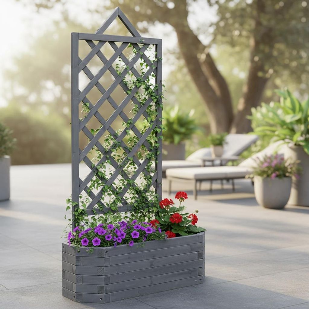 Mucola Blumenkasten mit Rankgitter Pflanzkasten Rankgitter Rankhilfe Rosenbogen Blumenkübel Holz - Grau