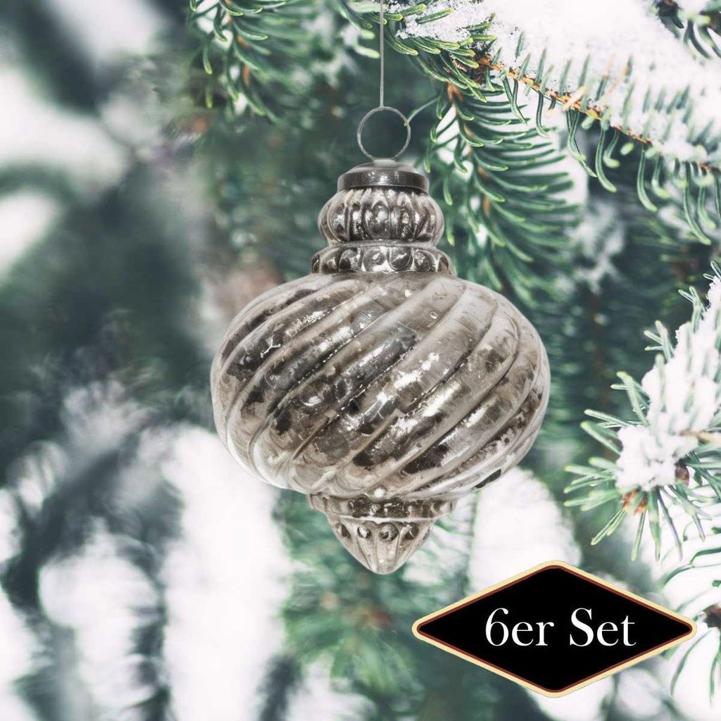 Premium Weihnachtskugel silbern, Spiralstruktur, Glanz – handgemacht in Indien