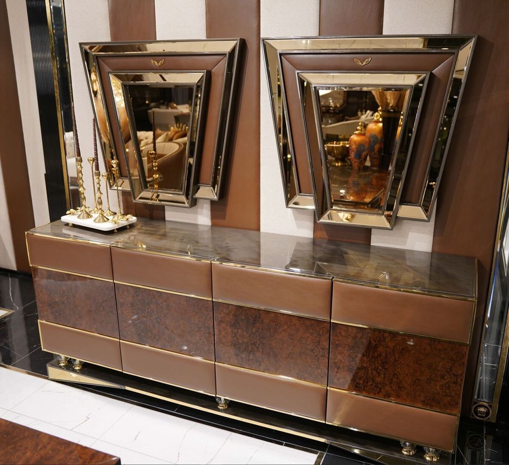 Casa Padrino Luxus Möbel Set Braun / Grau / Gold - 1 Luxus Sideboard mit 4 Türen & 2 Luxus Spiegel - Wohnzimmer Möbel - Luxus Möbel - Luxus Ein...