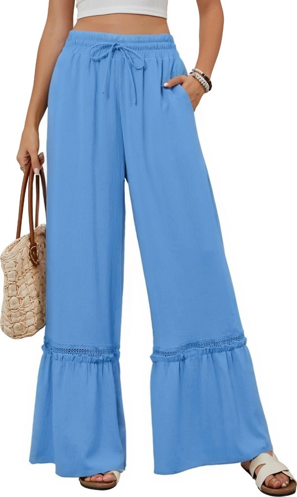 ASKSA Damen Leichte Weite Hosen Laessig Leicht Sommerhose Hohe Taille Palazzo Hose mit Taschen (Himmelblau,M)