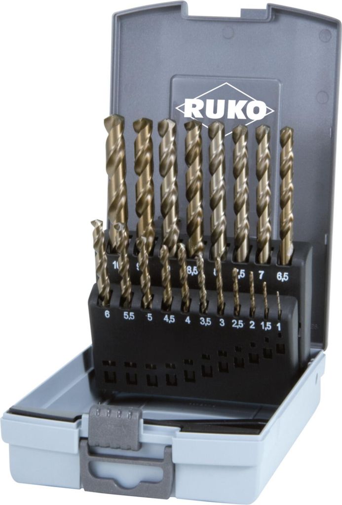 Ruko Spiralbohrersatz DIN338 Typ N Durchmesser 1-10mmx0,5mm HSS-G Co5 19tlg. Kunststoff-Kassette - 215214RO