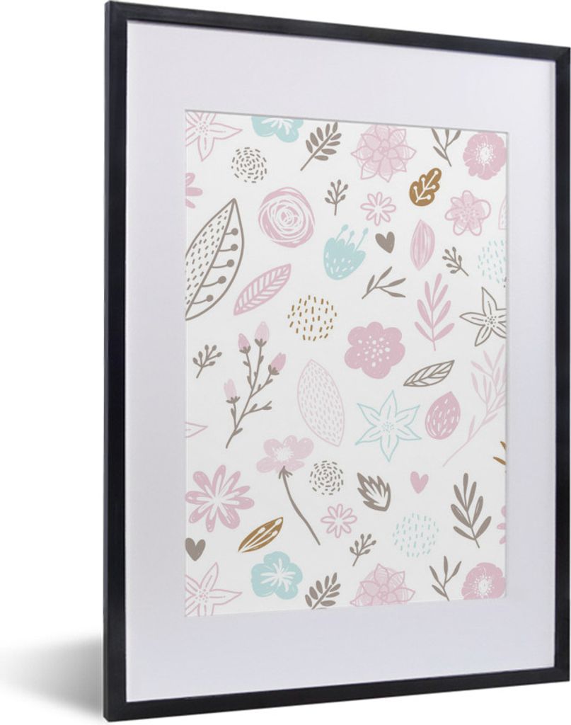 MuchoWow MuchoWow Gerahmtes Poster Blumen - Design - Kinder - Rosa - Baby - Kind 30x40 cm - Poster mit zchwarzem Bilderrahmen - Wandposter Schl...