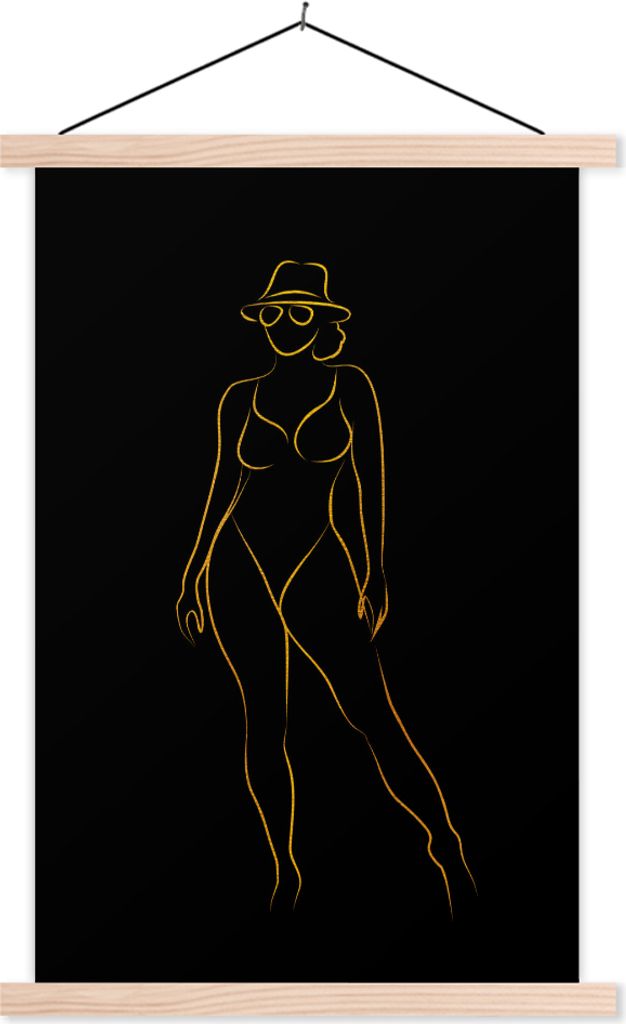 MuchoWow Textilposter Sonnenbrille - Schwarz - Gold - Linienkunst 120x180 cm mit holzfarbenen Rahmen - Textil-Plakat
