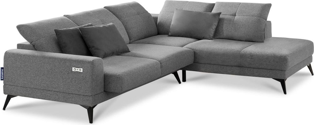 Konsimo Rechte Ecksofa DAVIDI mit verstellbare Kopfstützen und elektrische Verstellung, Grau, Stoff, Modern, 277x88x230 cm