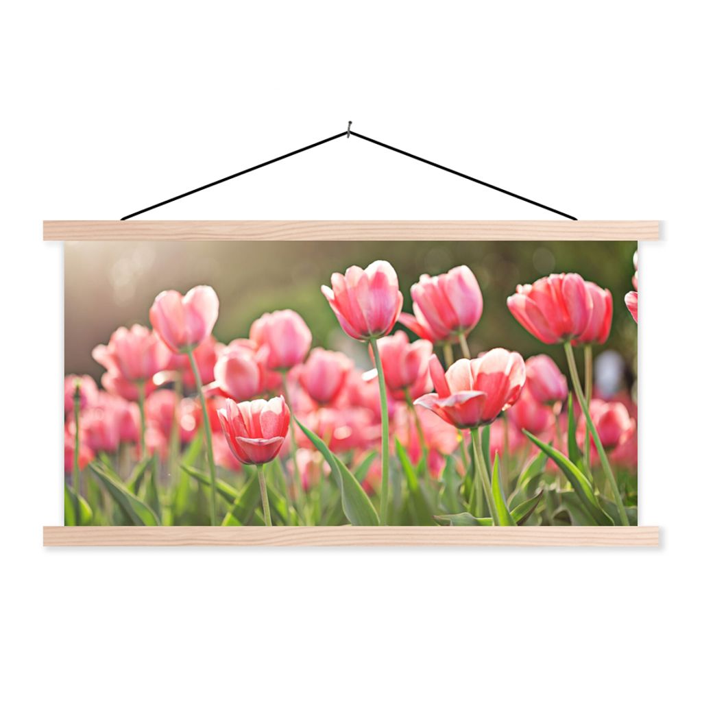 MuchoWow Textilposter Tulpen - Sonne - Frühling 120x60 cm mit holzfarbenen Rahmen - Klemmleiste