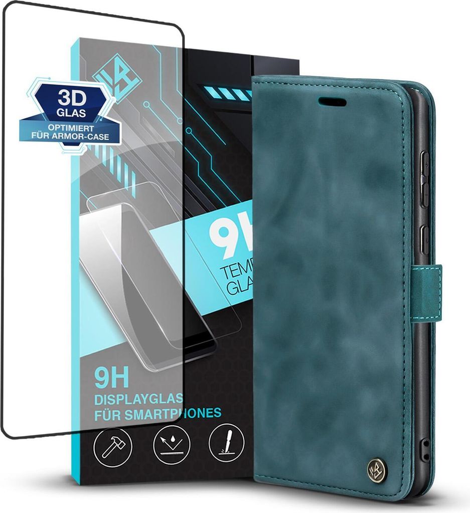 Handy Hülle für Samsung Galaxy S22 Ultra mit 9H Displayglas Klapphülle Bookcase Flip Cover Handy Tasche Etui Farbe: Petrol