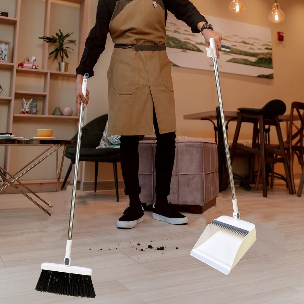 Roellgs Besen und Kehrschaufel Set mit Kammzähnen Winddicht Vertikaler Langer Griff Besen Set Kehrschaufel Set Haushaltsreinigung Fegen (Weiß)