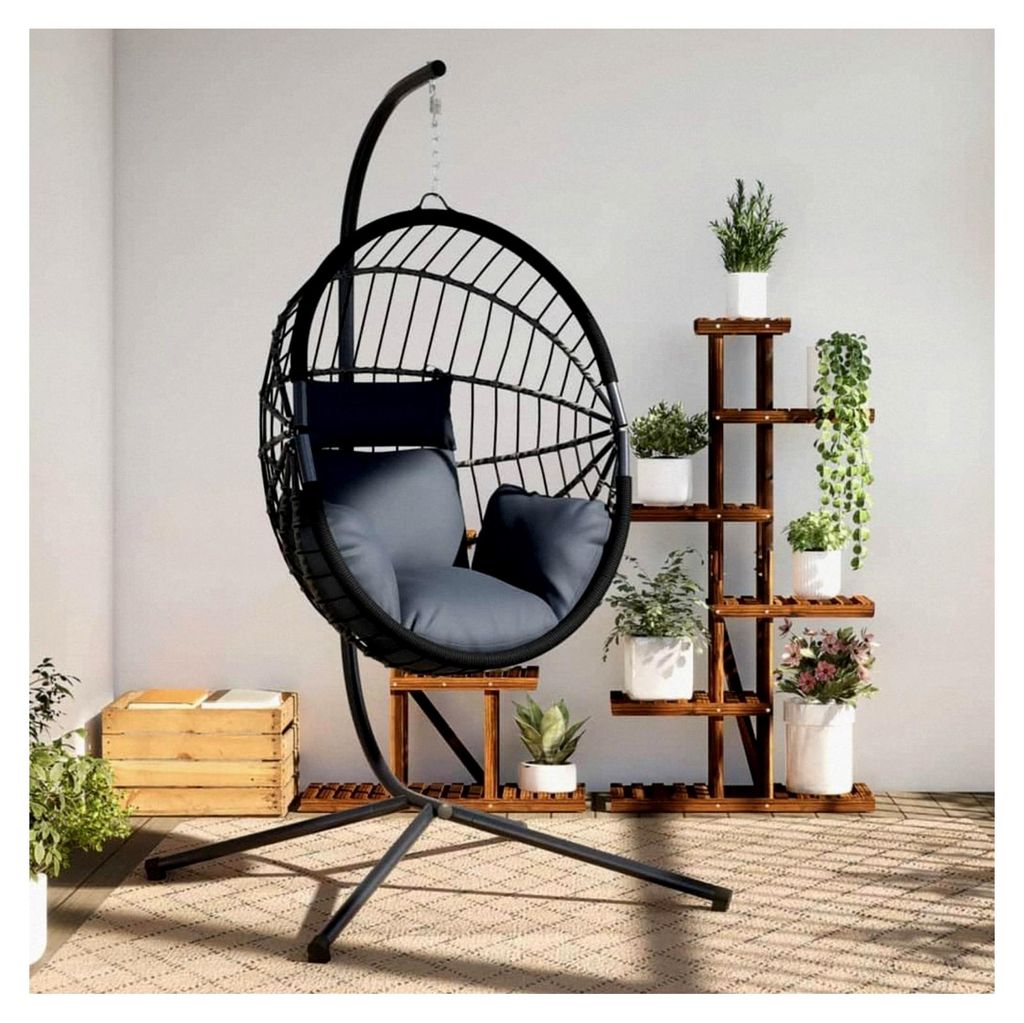 Hängesessel im Ei-Design mit Ständer in Anthrazit aus Rattan und Stahl