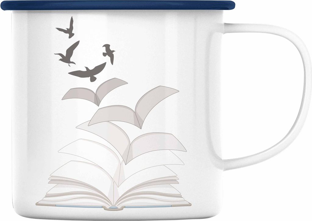 Trendation - Leseratte Geschenk Emaille Tasse Buch Grafik Bücher Lesen Bücherwurm Geschenk Spruch Lesen (Blau)