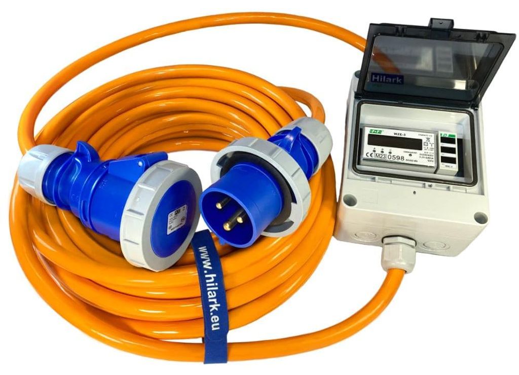 CEE Starkstrom-Verlängerungskabel für Wohnmobil 32A PUR H07BQ-F 5x4mm² IP65 mit Energiezähler und Voltmeter 5m