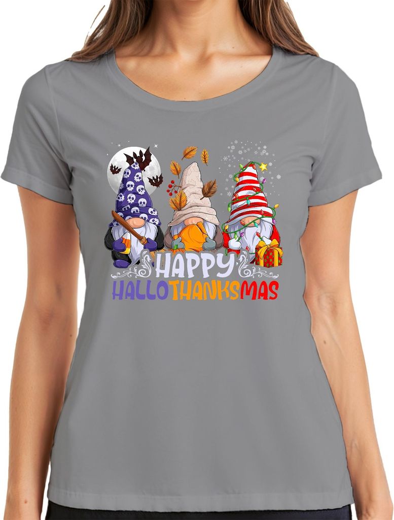 Happy Hallothanksmas Gnomes Halloween Thanksgiving Christmas Damen T-Shirt, Grau, M