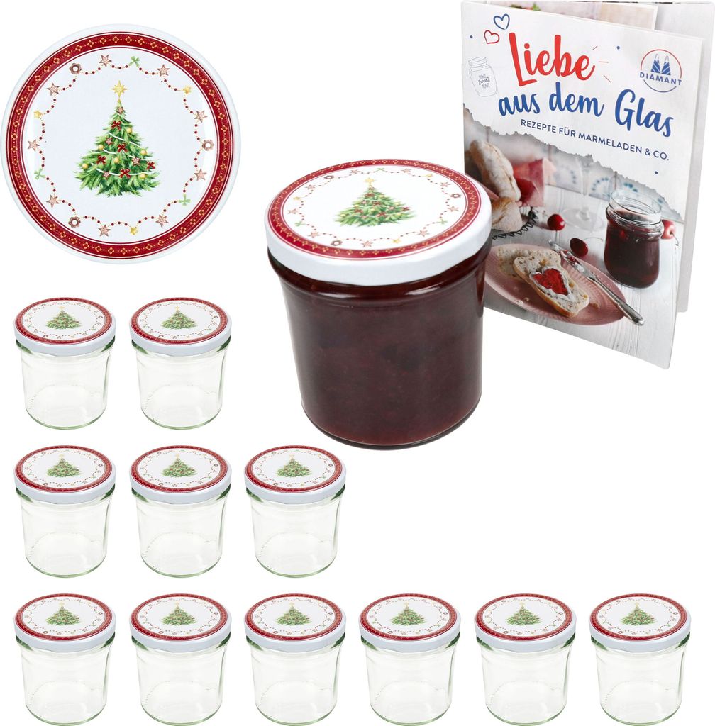 A set of 12 glass jars with lids, a single jar filled with jam, and a recipe book, all with a Christmas theme.