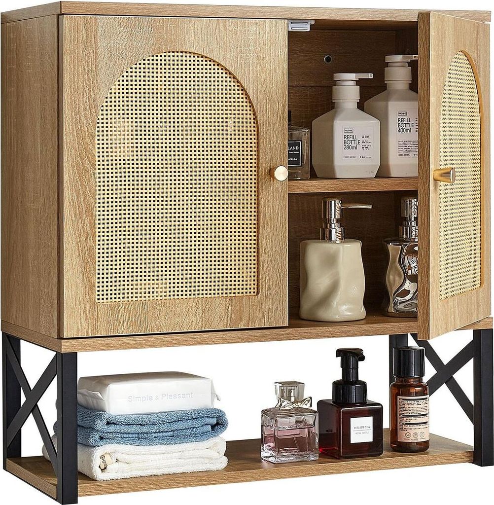 Badezimmer-Wandschrank mit 2 Türen und verstellbarem Regal, über dem WC montierter Medikamentenschrank, hängender Organizer mit Regalen und offe...