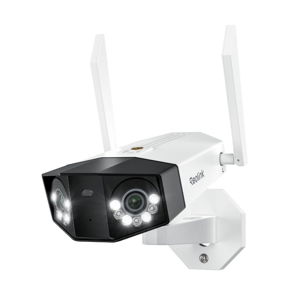 A white and black Reolink Duo 3 WiFi security camera with two antennas is shown against a white background.