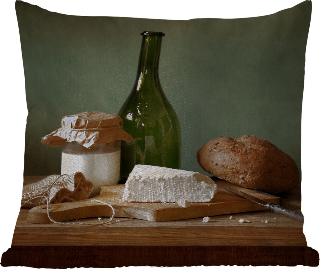 MuchoWow Outdoor Kissen - Rustikal - Brie - Stillleben - Flasche - Brot - 45x45 cm - Wetterfest - Lounge Kissen - Fotokissen - Dekoratives Kissen