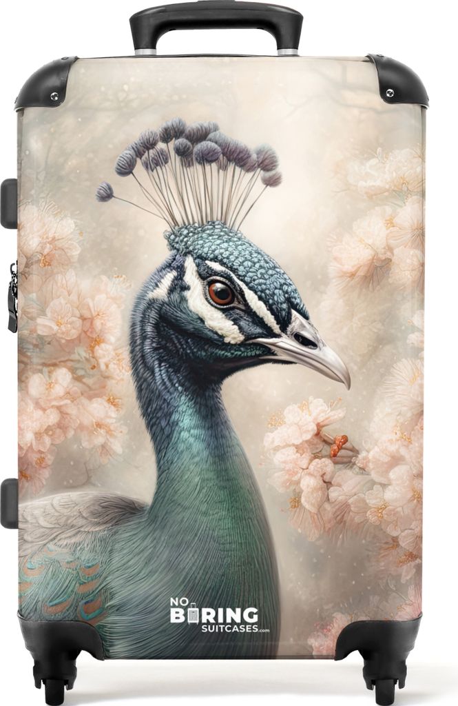 NoBoringSuitcases.com Großer Koffer - Nahaufnahme eines Pfaus vor einer rosa Blüte - Kombinationsschloss TSA - Hartschalen Trolley 4 Rollen - 7...