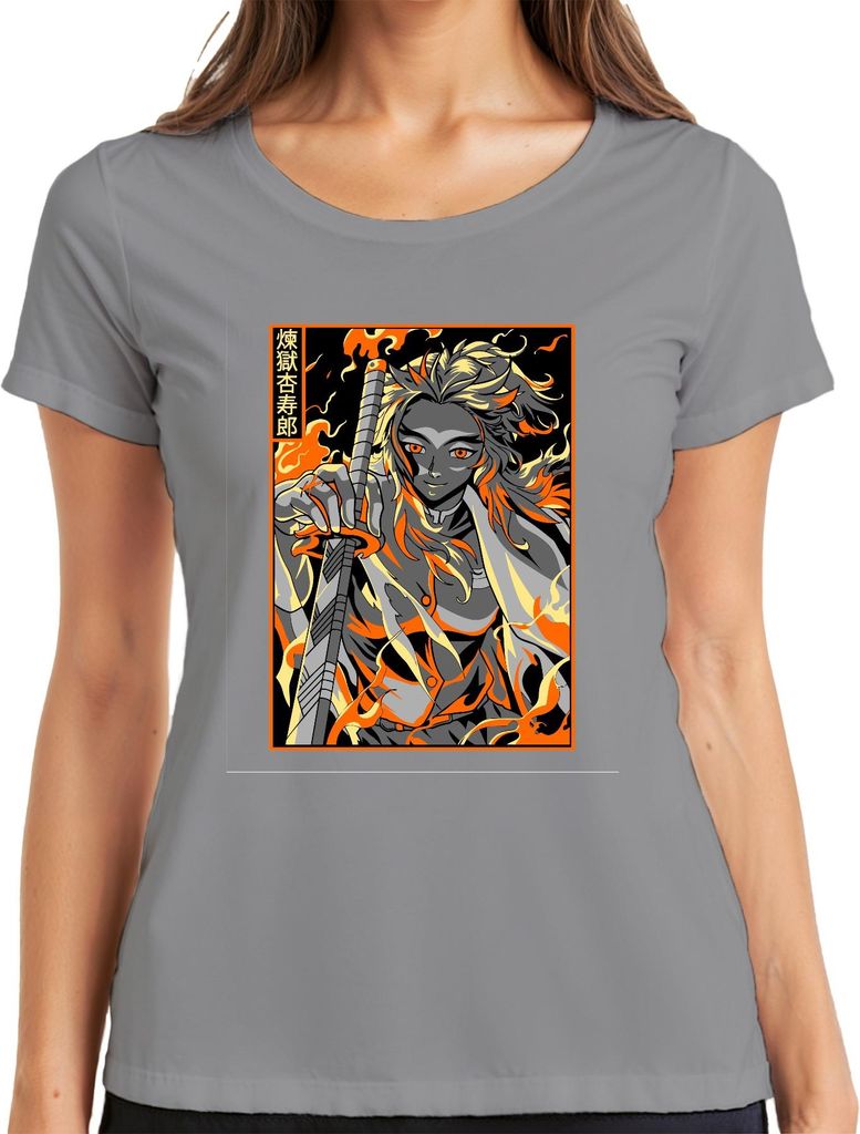 Demon Slayer Rengoku Flammen Schwert Anime Geschenk Vintage Damen T-Shirt, Grau, S