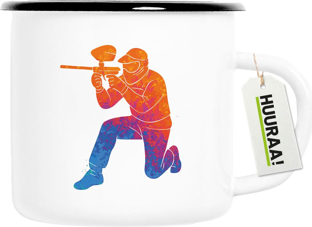 Huuraa Emaille Tasse Paintball bunte Silhouette 300ml Vintage Campingbecher Geschenkidee