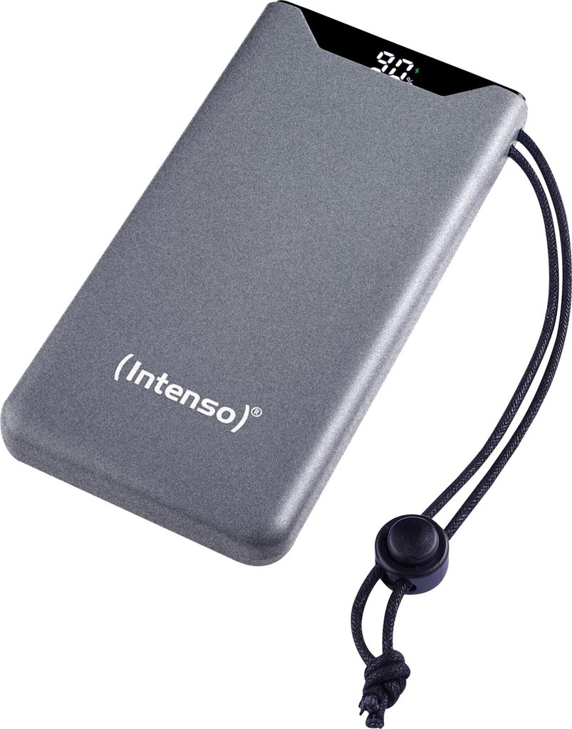 A gray power bank with a digital display showing '90%' and a black lanyard attached.