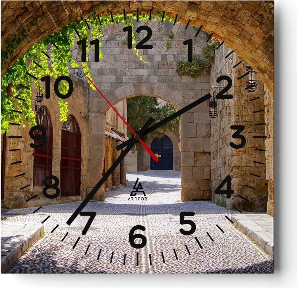 Wanduhr - Quadrat - Glasuhr - Straße Geschichte Architektur Denkmal - 40x40cm - Schleichendes Uhrwerk - Lautlos - zum Aufhängen bereit - Dekorati...
