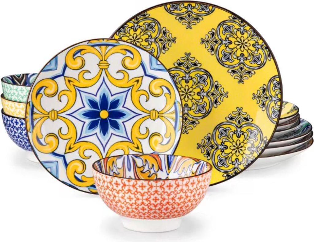 Mosaïque Bellagio Serviesset – 12-teilig – 4 Personen – Mozaik-Design – Keramik – Tafelservice mit Diner-, Tief- und Frühstückstellern