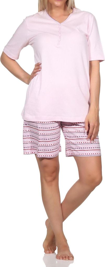 Normann Damen kurzarm Schlafanzug Shorty Pyjama im Ethnolook - auch in Übergrössen ; rosa1 , 40
