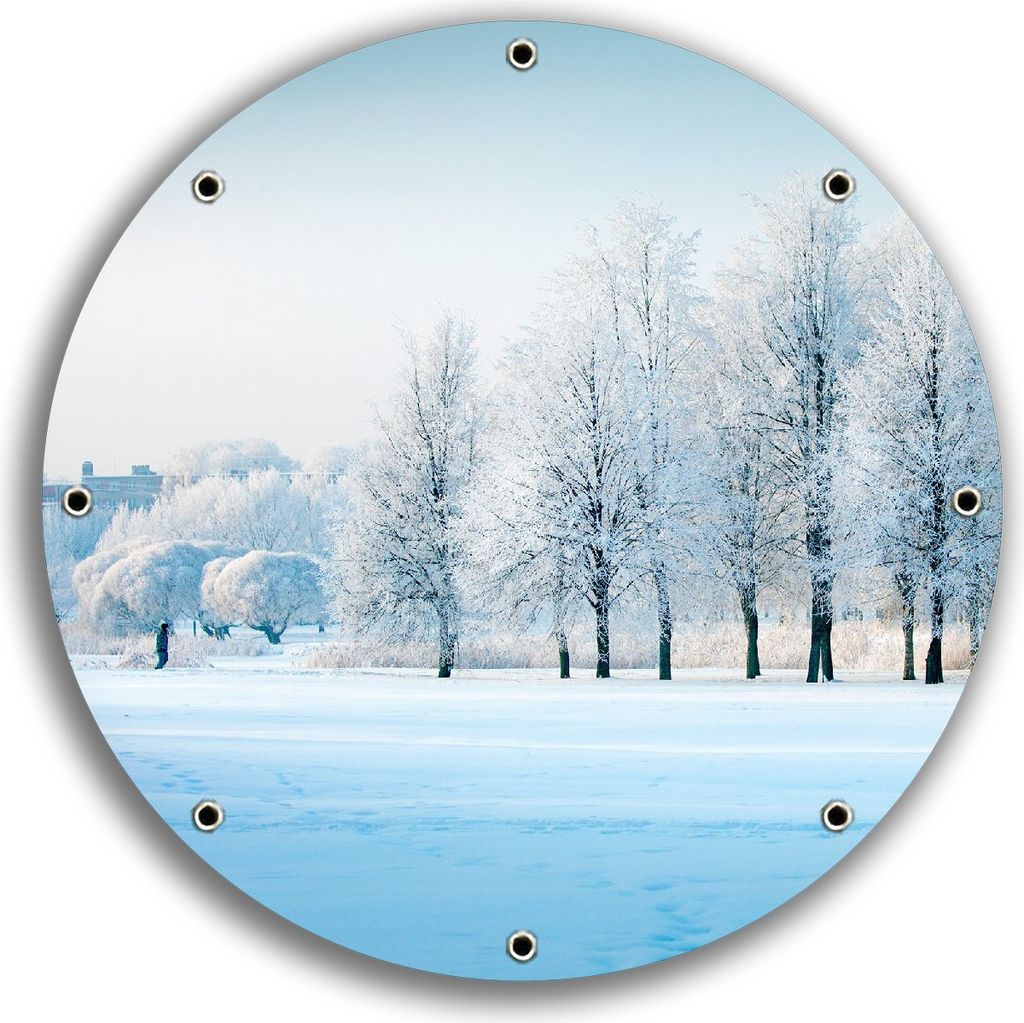Wallario rundes Outdoor-Poster für Garten oder Balkon, Motiv Verschneite Bäume in einer Winterlandschaft, 30 cm Durchmesser