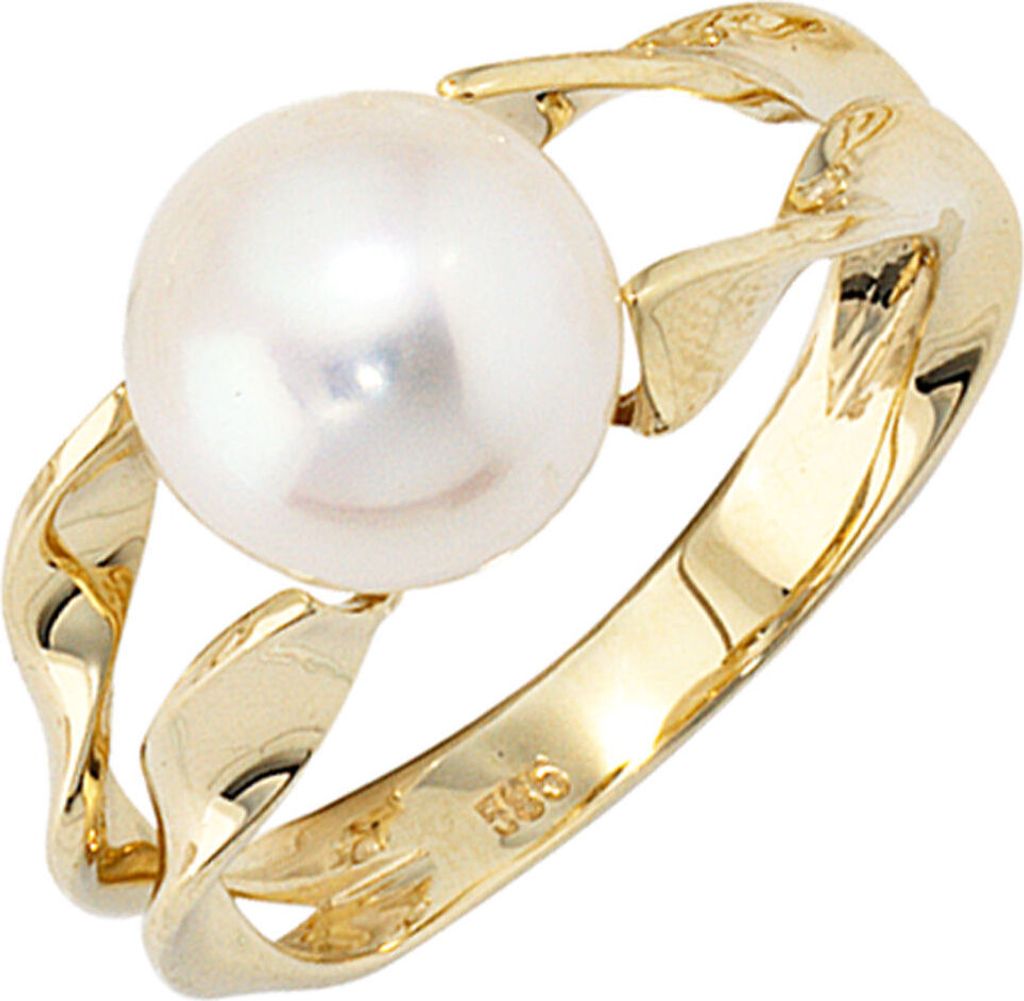 Damenring Ring Goldring mit Perle 585 Gold Gelbgold schlicht für Damen Innenumfang 54mm Ø17.2mm