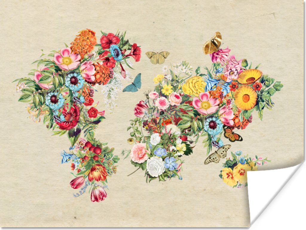 MuchoWow Poster Weltkarte - Vintage - Blumen 80x60 cm - Kunst für zu Hause