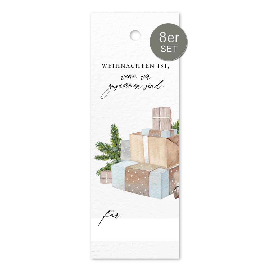 NORDEULE Geschenkanhänger Weihnachtsgeschenke 8 STÜCK | Anhänger mit Aquarellmotiv & Lochung Namenszeile | ideal für Verpackung Wichtelgesche...