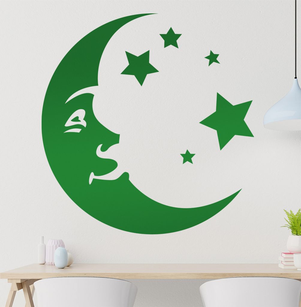 Mondgesicht und Sterne Wandtattoo in 6 Größen - Wandaufkleber Wall Sticker - Dekoration, Küche, Wohnzimmer, Schlafzimmer, Badezimmer
