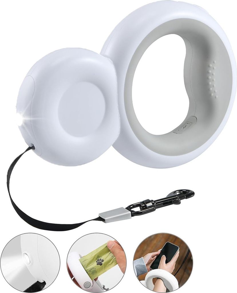 Einziehbare Hundeleine mit LED-Licht und Kotbeutelhalter, 3 m ausziehbare Hundeleine für Hunde unter 29 kg
