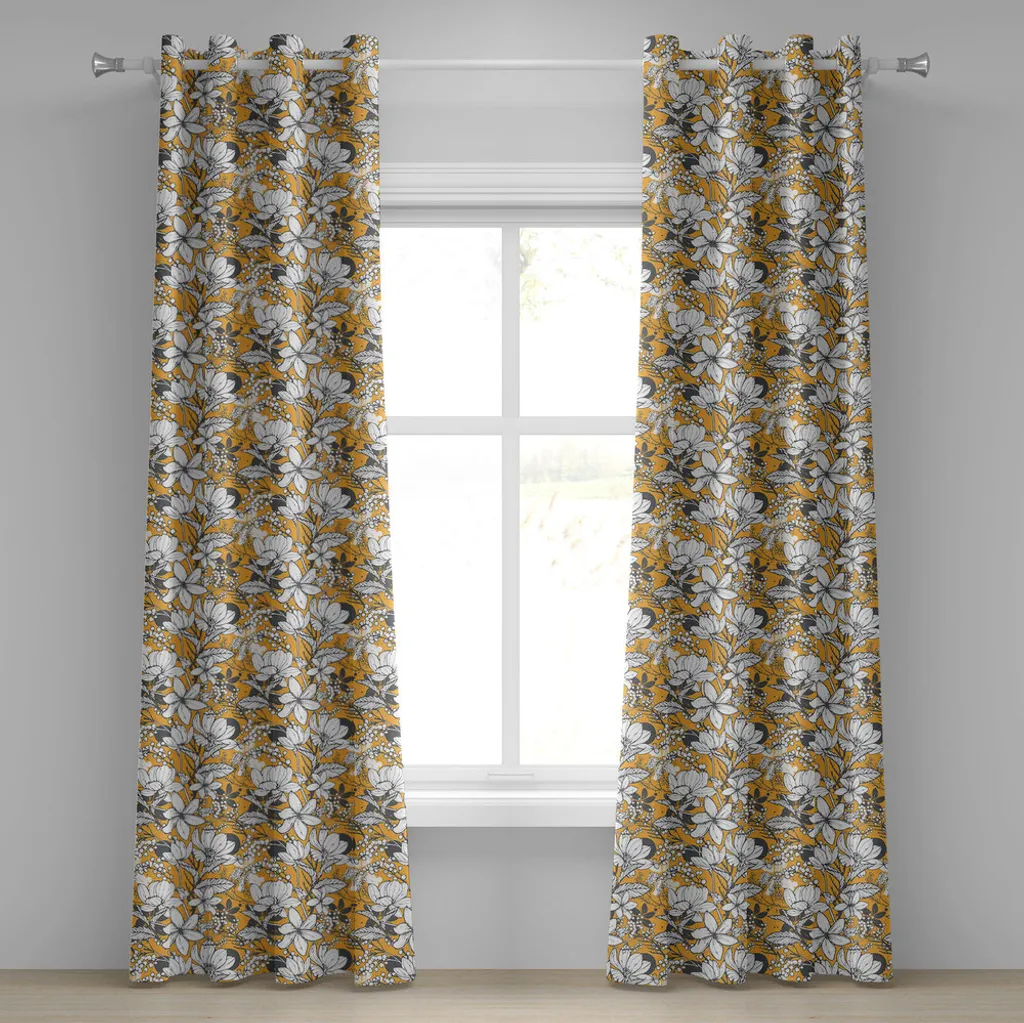 Rideau fleurs tropicales gris anthracite 280x245cm avec œillets inox