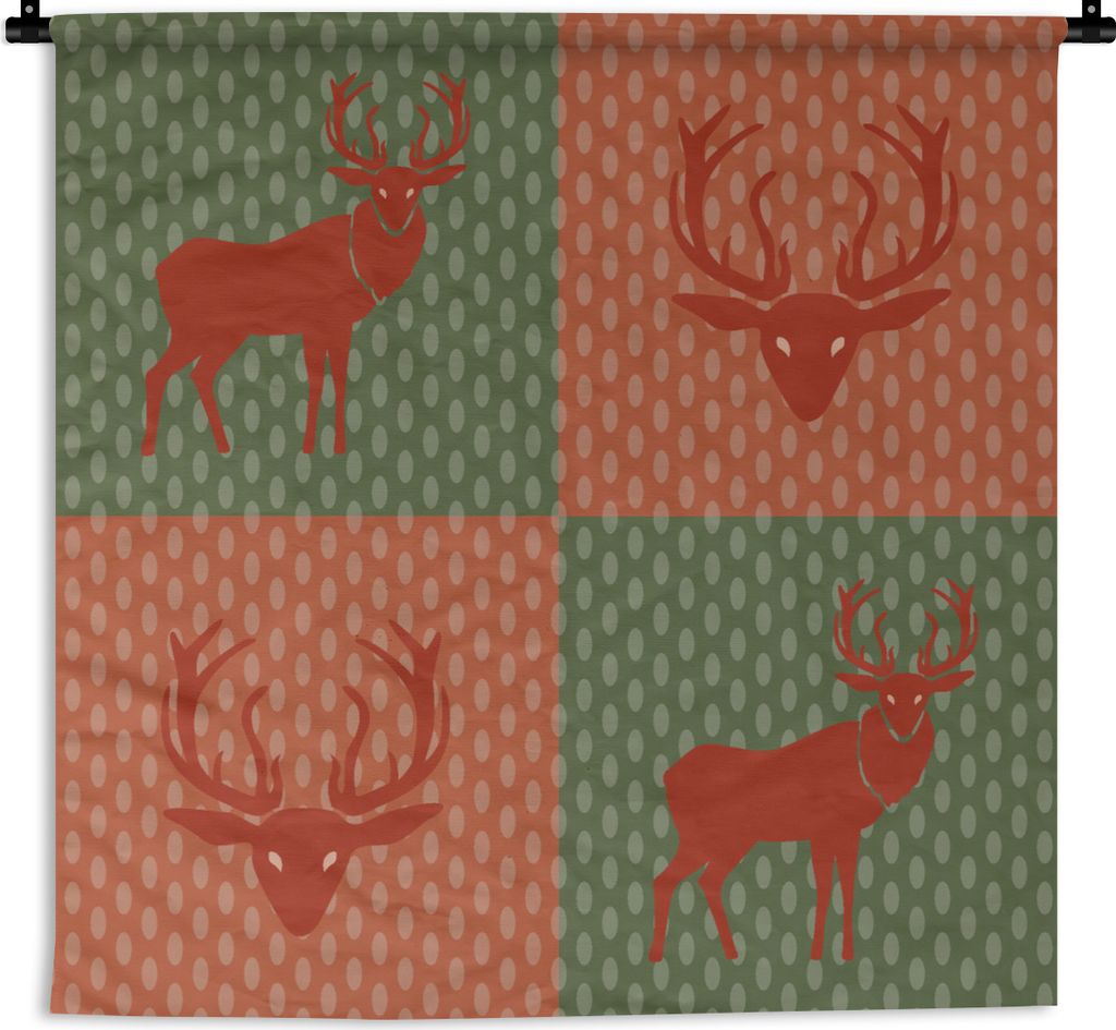 MuchoWow Wandteppich Wandbehang Muster - Hirsche - Grün - Rot 90x90 cm Tapisserie Dekoration Wandtuch - Wandaufhänger