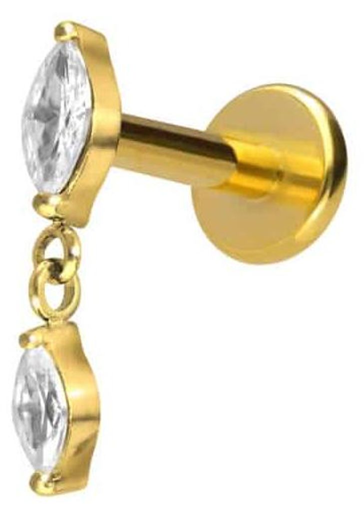Ohrpiercing, Nasenpiercing Titan Labret mit Innengewinde 2 KRISTALLTROPFEN Gold Stablänge: 7mm | Stabstärke: 1,2mm
