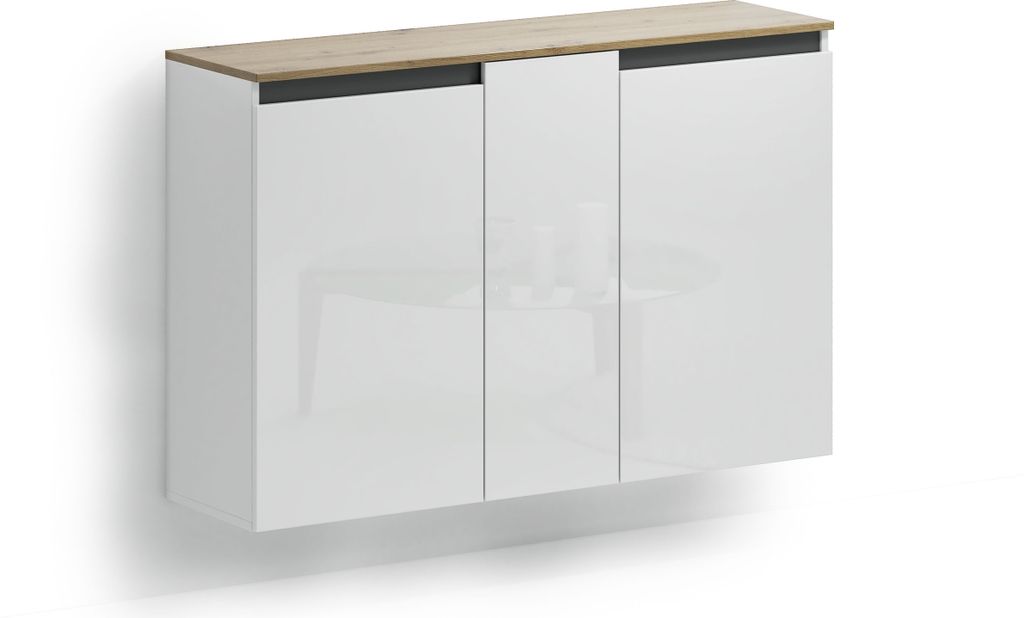 Hängeschuhschrank >Zippo< 8 Böden, weiss hochglanz / Eiche Nachbildung - 129,7x85x35,1 (BxHxT)