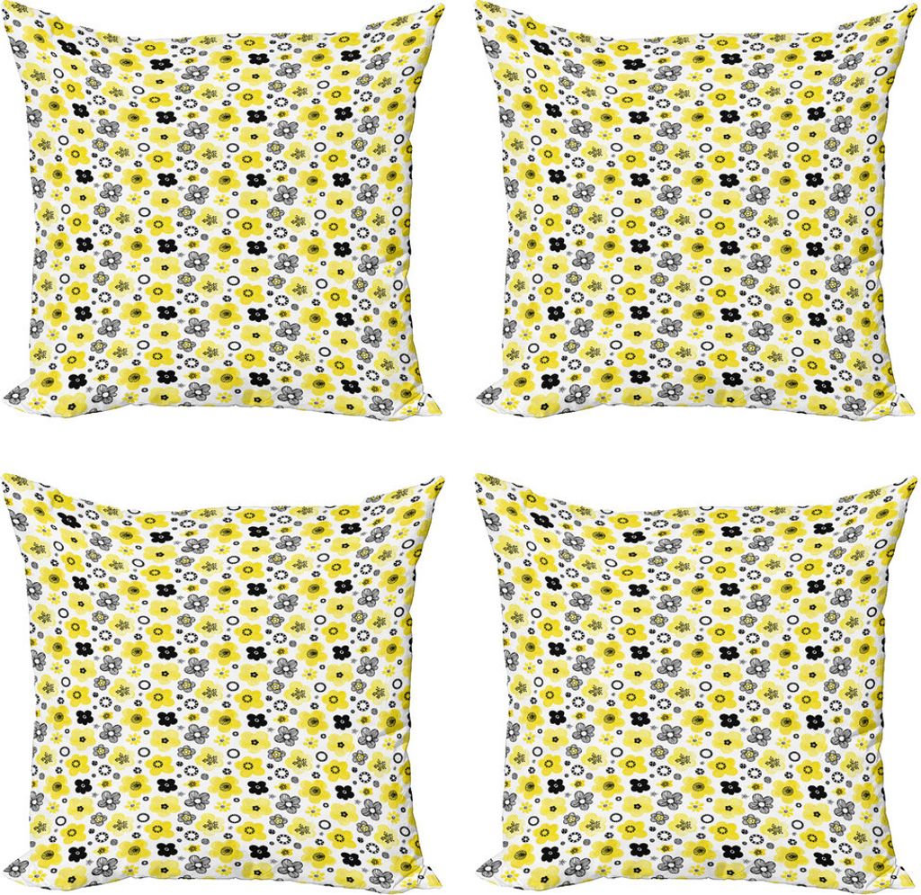 ABAKUHAUS Blumen Kissenbezug Set (4 Stück), Bicolor-Frühlings-Blumen, Moderner Doppelseitiger Digitaldruck, 45 cm x 45 cm, Yellow Indigo