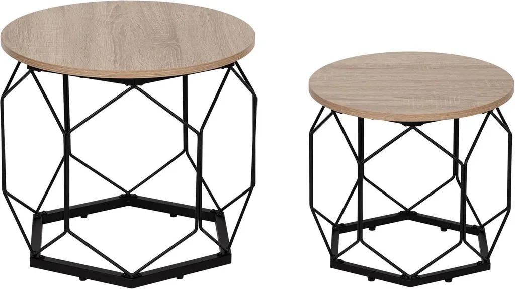 Set 2 Tavolini Caffè Stile Industriale Metallo e Legno Rovere