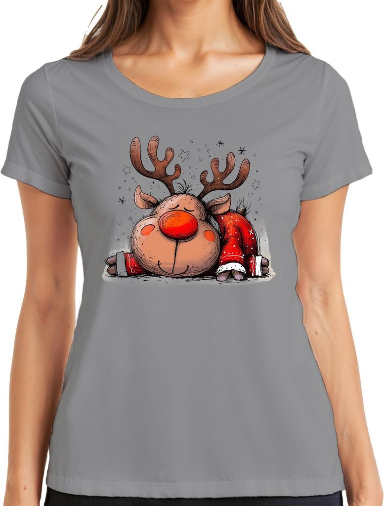 Rudolph Rentier schlafend rote Nase Weihnachten Geschenk Retro Damen T-Shirt, Grau, 3XL