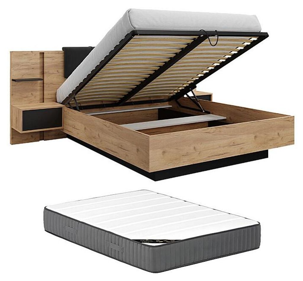 Bett mit Bettkasten und Nachttischen 140 x 190 cm - Mit LEDs - Farbe: Natur und Anthrazit + Matratze - ELYNIA